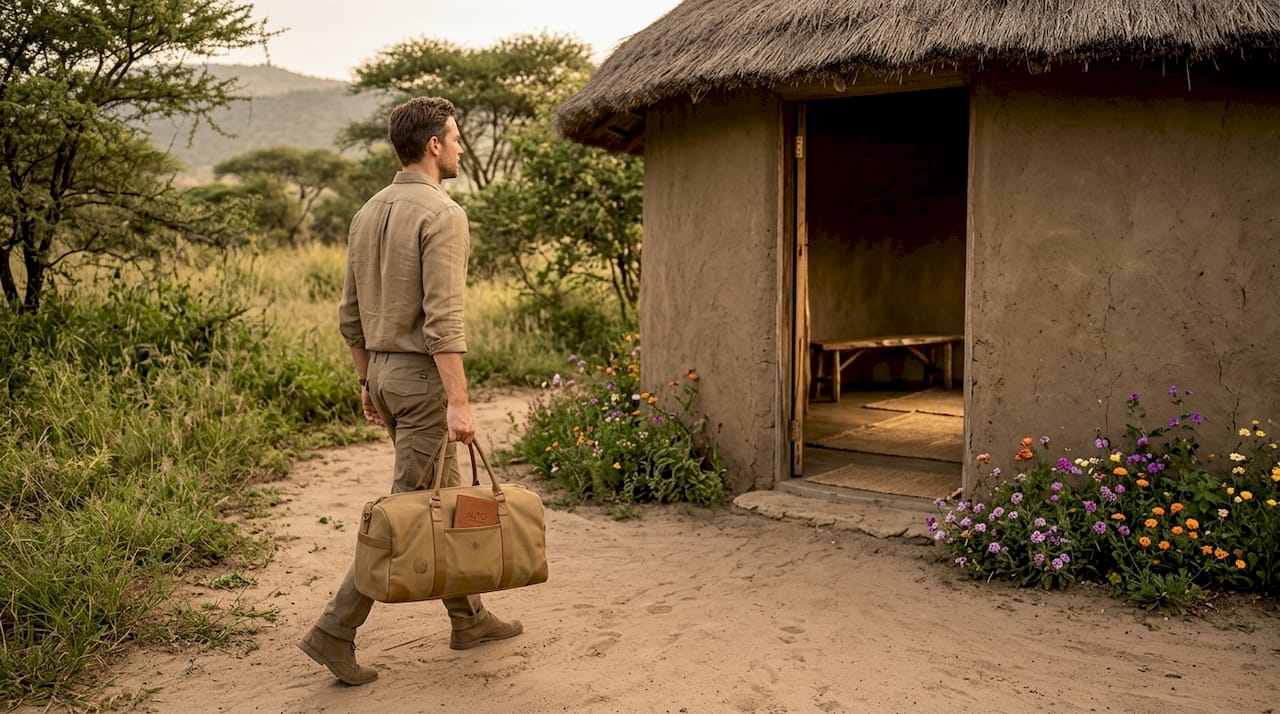 Traveler approaching traditional boma lodge in Tanzania