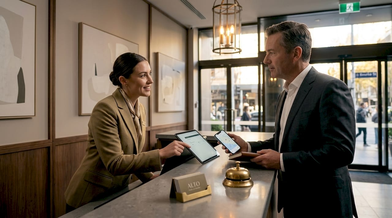 Boutique hotel concierge assisting executive guest