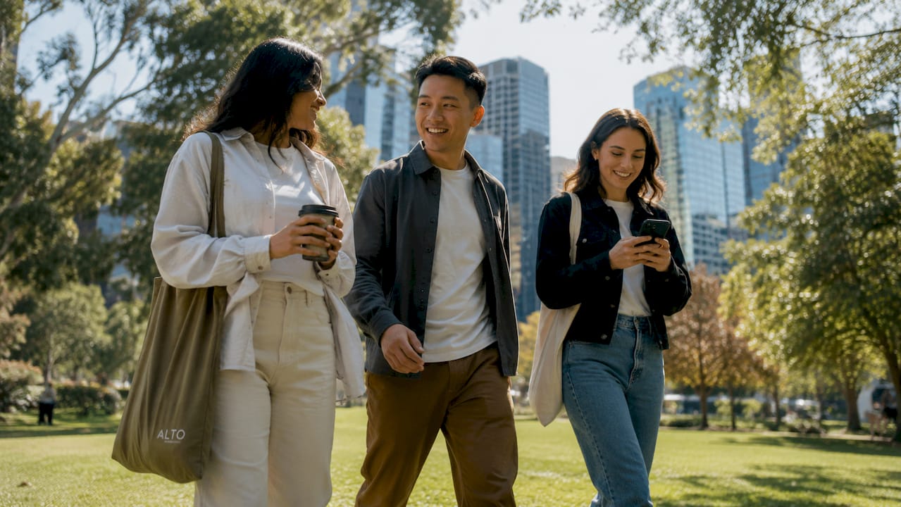 Travellers walking by Melbourne tram using sustainable tourism material