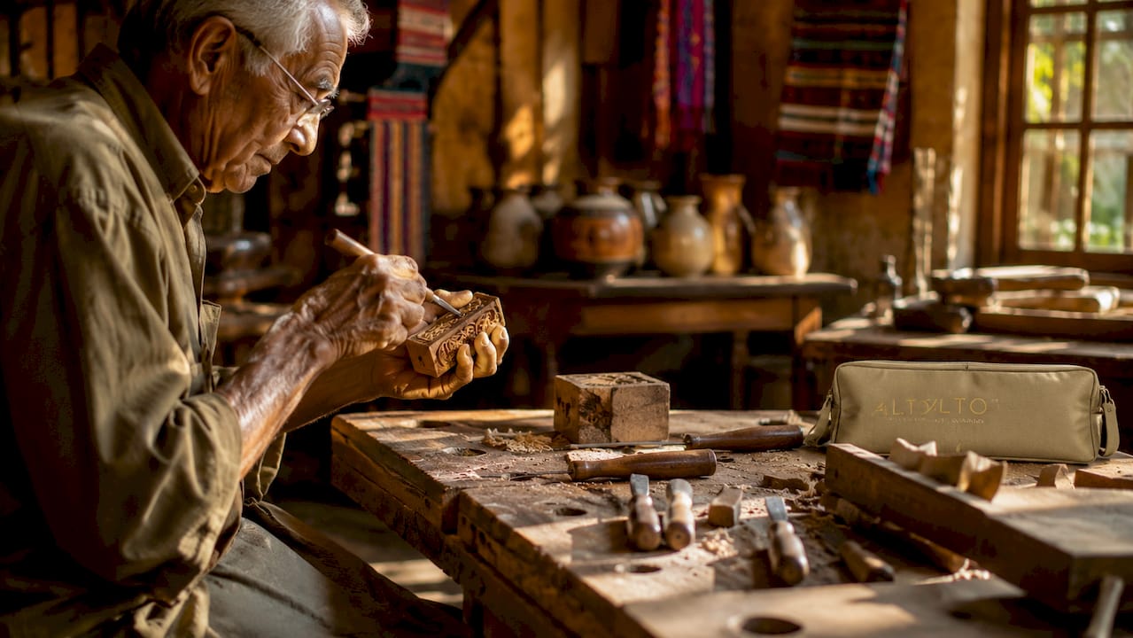 Hands carving wood souvenir in artisan workshop