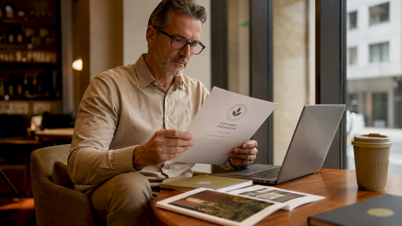 Man reviewing sustainable hotel certification documents