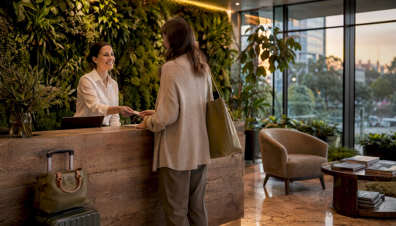 Hotel lobby showcasing biophilic design with moss wall