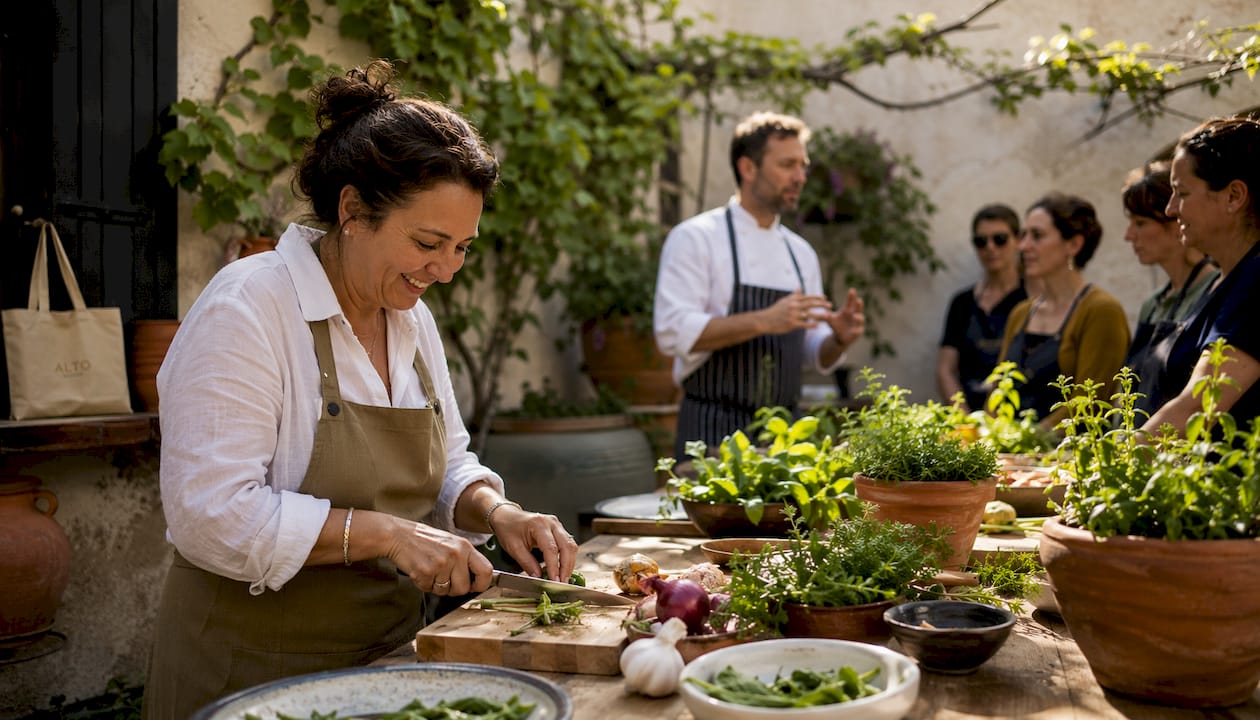 Guest cooking with local chef in kitchen