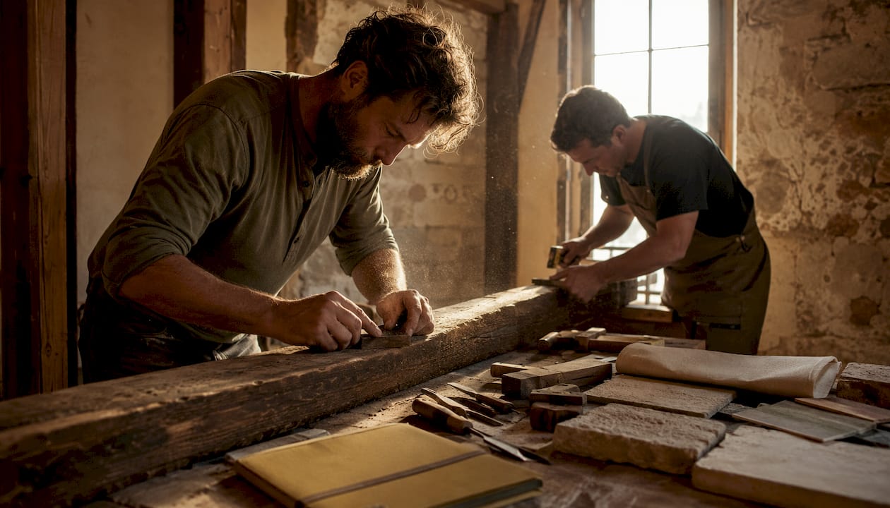 Hands sanding timber beam during eco hotel restoration