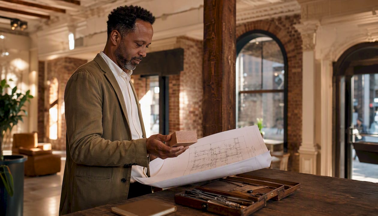 Architect reviewing adaptive reuse hotel materials