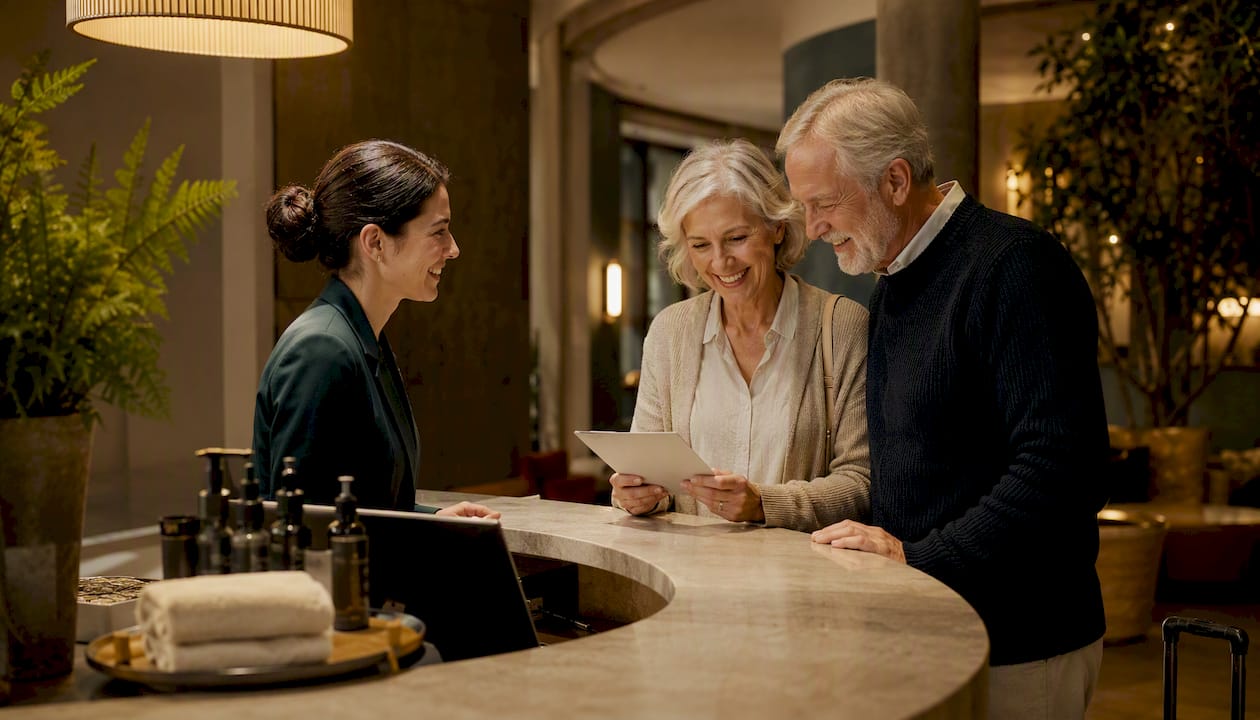 Lobby of eco-rated boutique hotel with guests