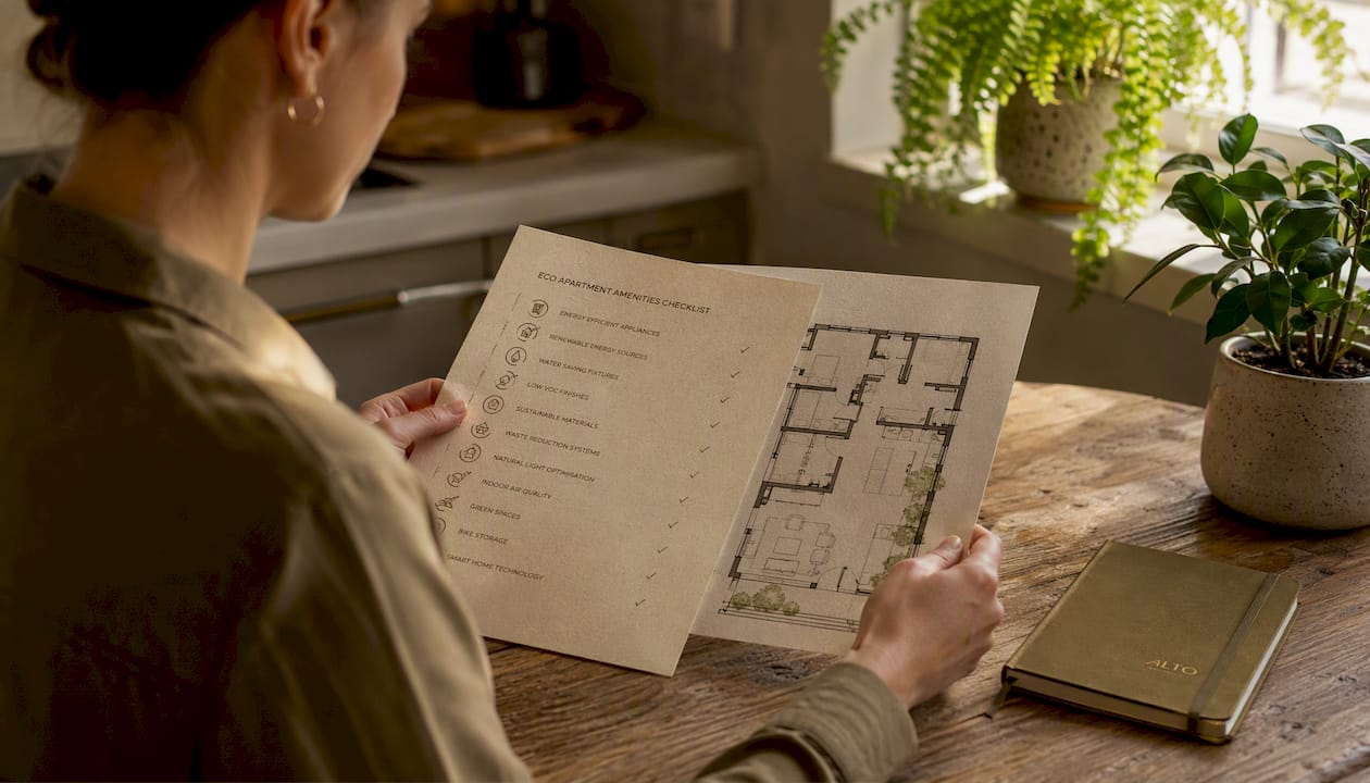 Hands reviewing eco apartment amenities sheets