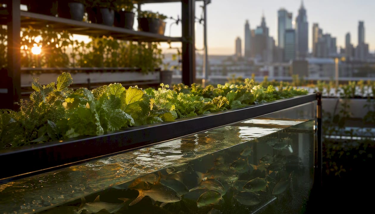 Fish tank and plants in urban aquaponics farm