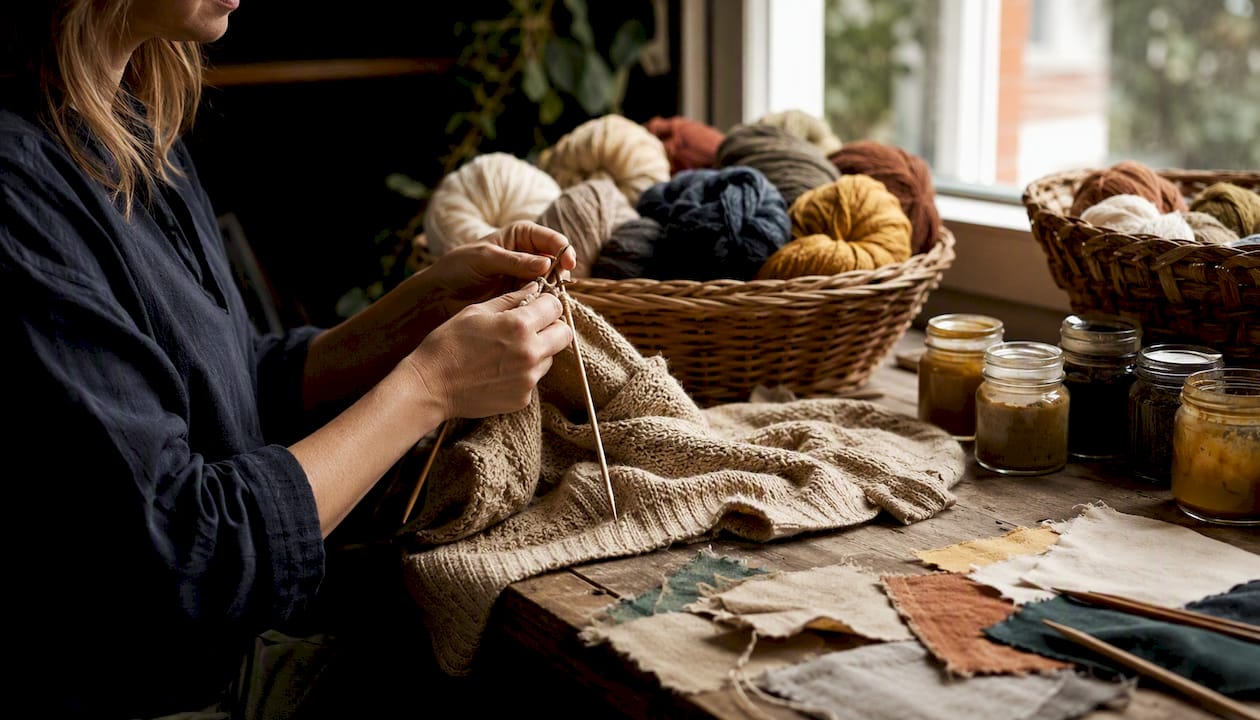 Hands knitting wool scarf in studio