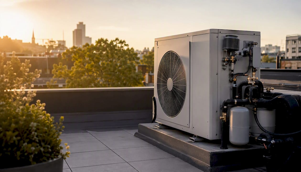 Heat pump unit installed on hotel rooftop