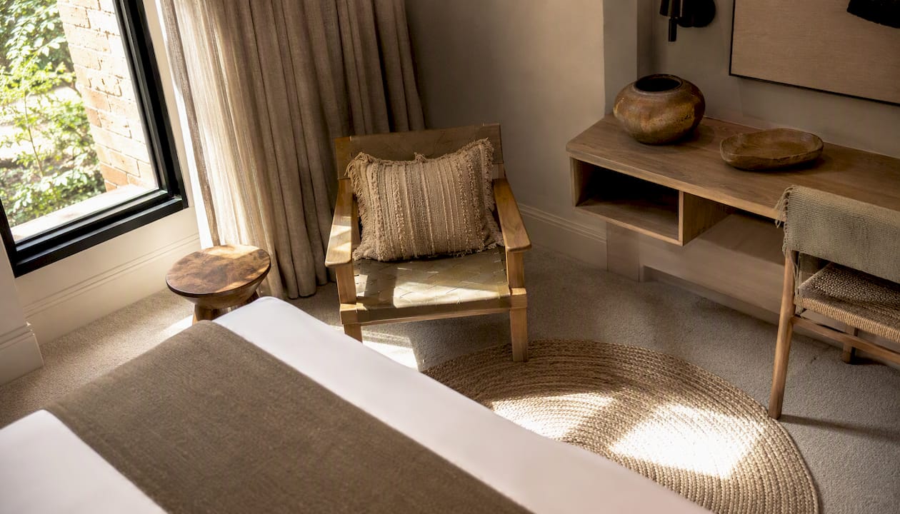 Hotel room corner with local artisan decor