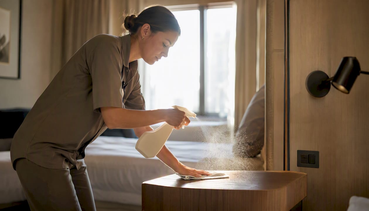 Cleaning product being sprayed in hotel room