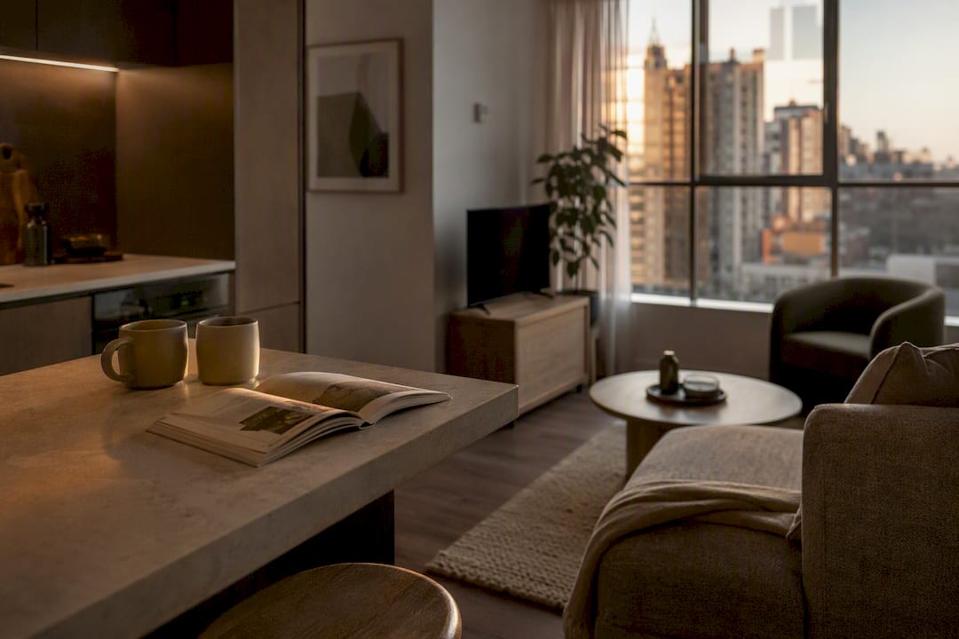 Boutique hotel apartment living area with eco decor