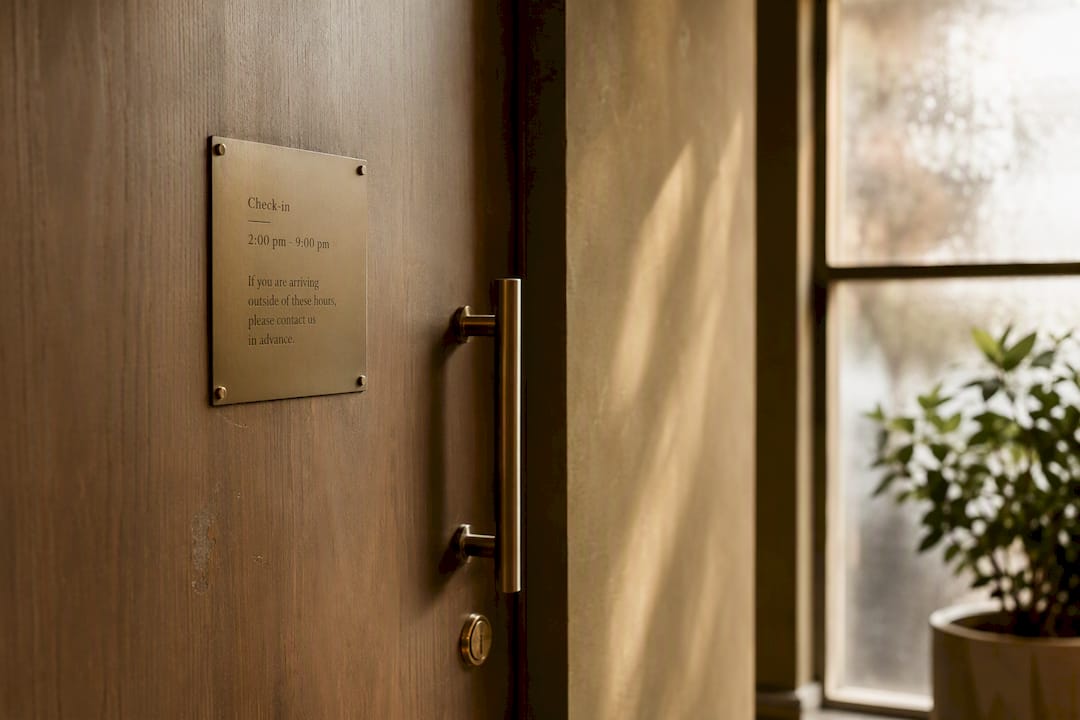 Hotel room door with check-in time sign