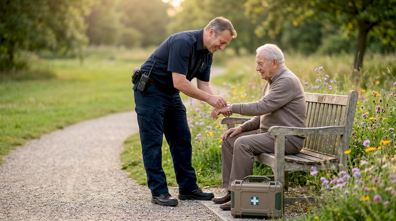 Paramedic checks senior man's medical ID necklace