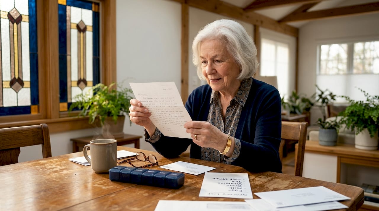 Senior woman at kitchen table wearing emergency bracelet