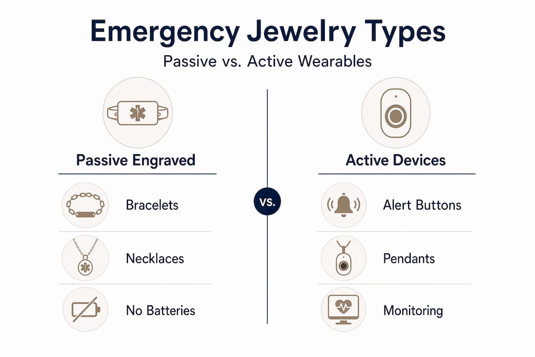 Infographic comparing passive and active emergency jewelry types