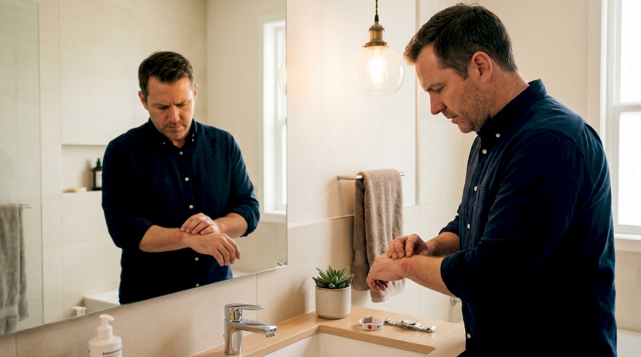 Man checks wrist for bracelet allergy in bathroom mirror