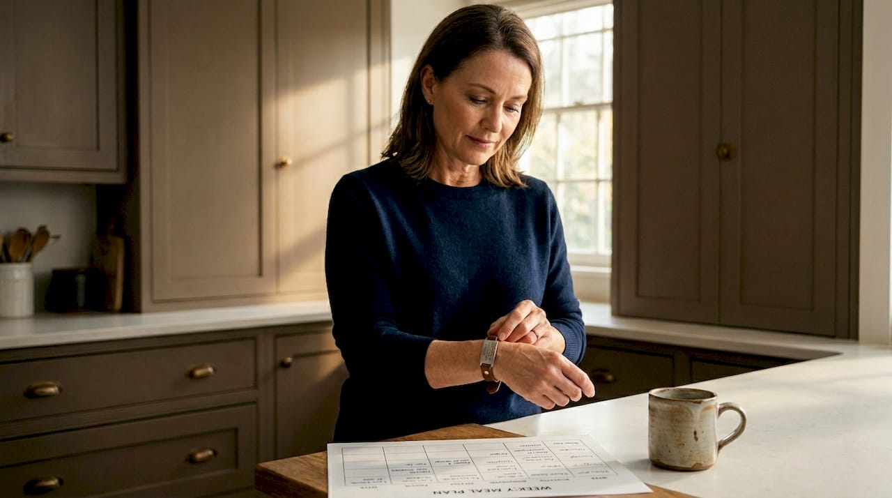 Woman fastening medical ID bracelet at kitchen table