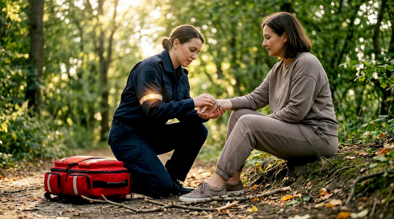 Paramedic checks patient’s medical ID bracelet outdoors