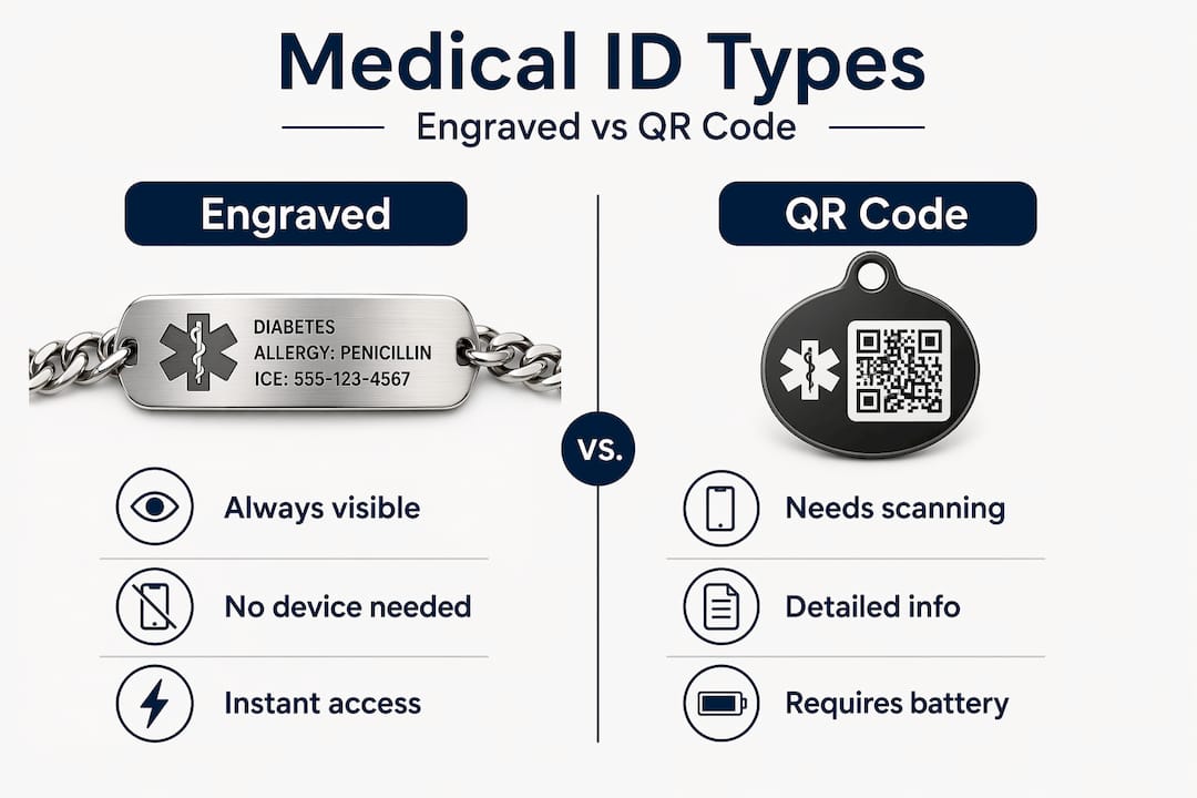Infographic comparing engraved medical ID and QR code ID
