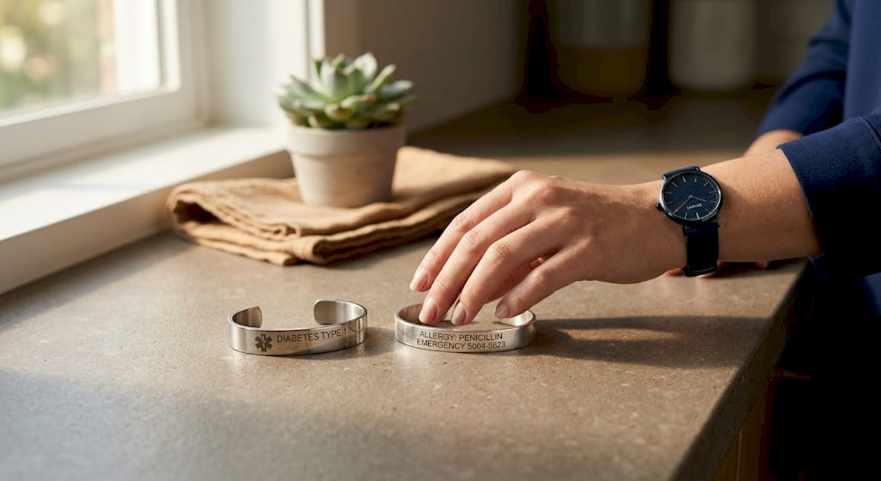 Stainless steel and silver bracelets on countertop