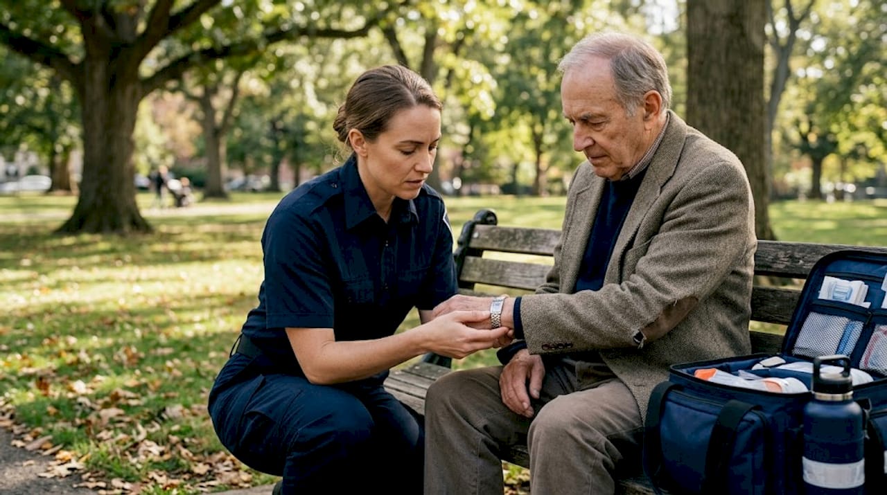 EMT examining medical ID bracelet outdoors