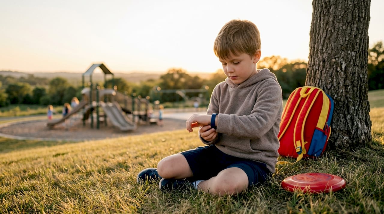 Child adjusting medical bracelet on park bench