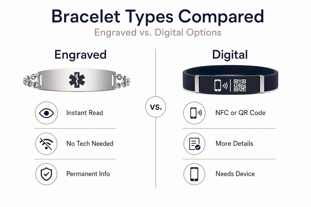 Infographic comparing engraved and digital medical bracelets