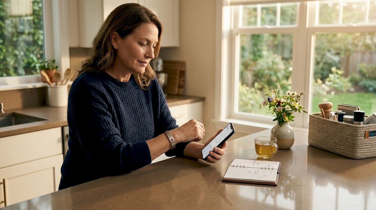 Woman wearing medical ID bracelet at kitchen table
