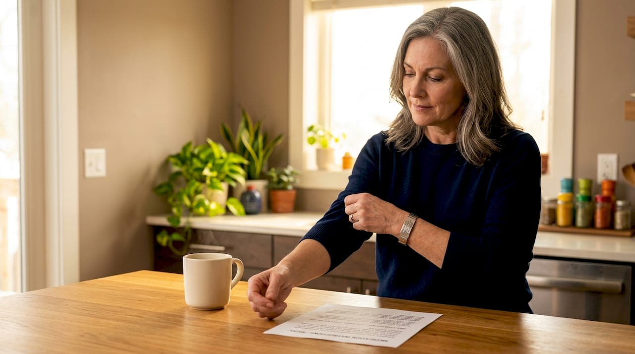 Woman wearing medication allergy ID bracelet at kitchen table