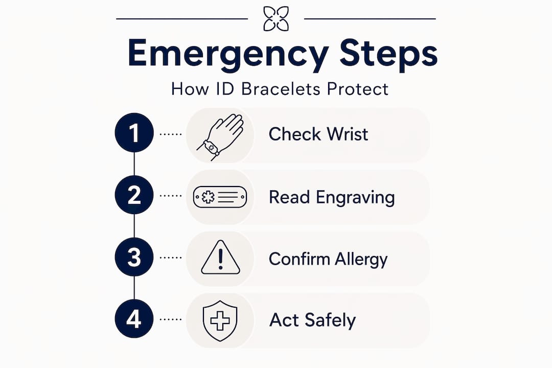Infographic showing emergency steps with allergy ID bracelet
