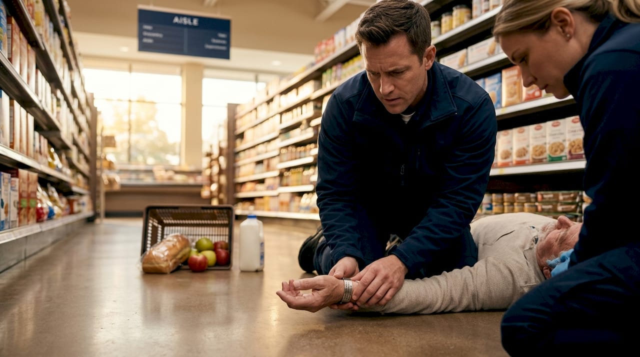 Paramedics check senior’s medical ID in grocery