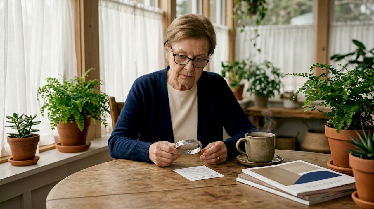 Senior reviews medical alert ID at kitchen table