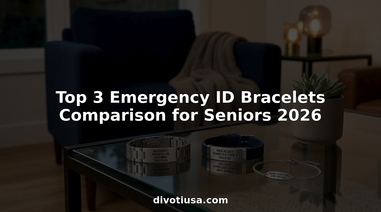 Three styles of senior emergency ID bracelets on wooden table