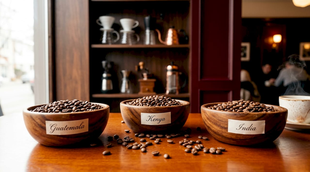 Coffee beans from Guatemala, Kenya, and India in bowls