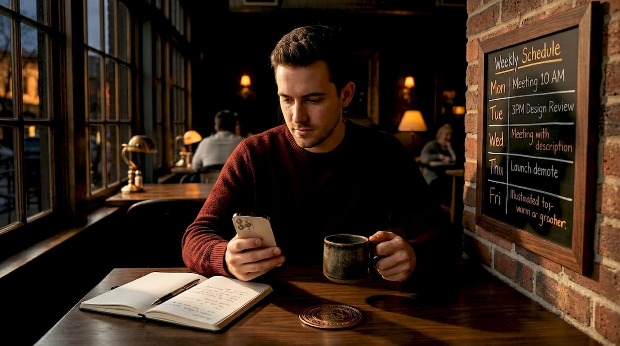 Man checking meeting calendar with coffee in hand