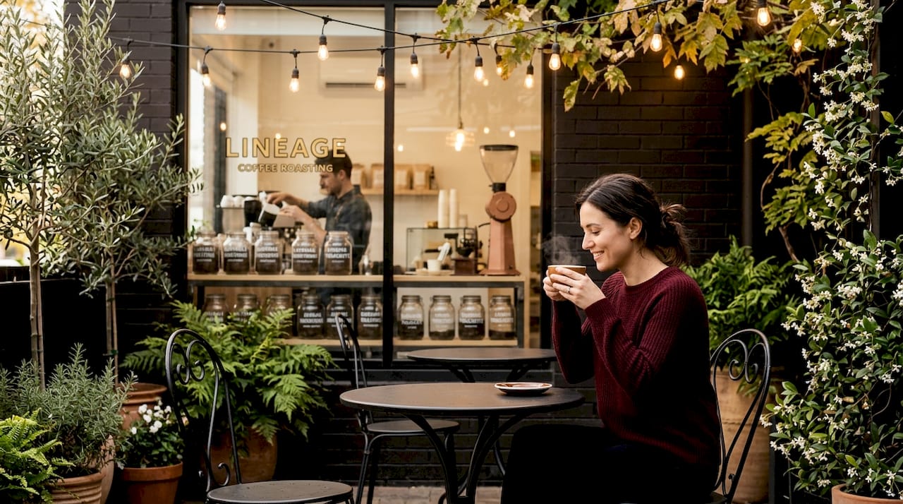 Customer enjoying coffee at Lineage cafe