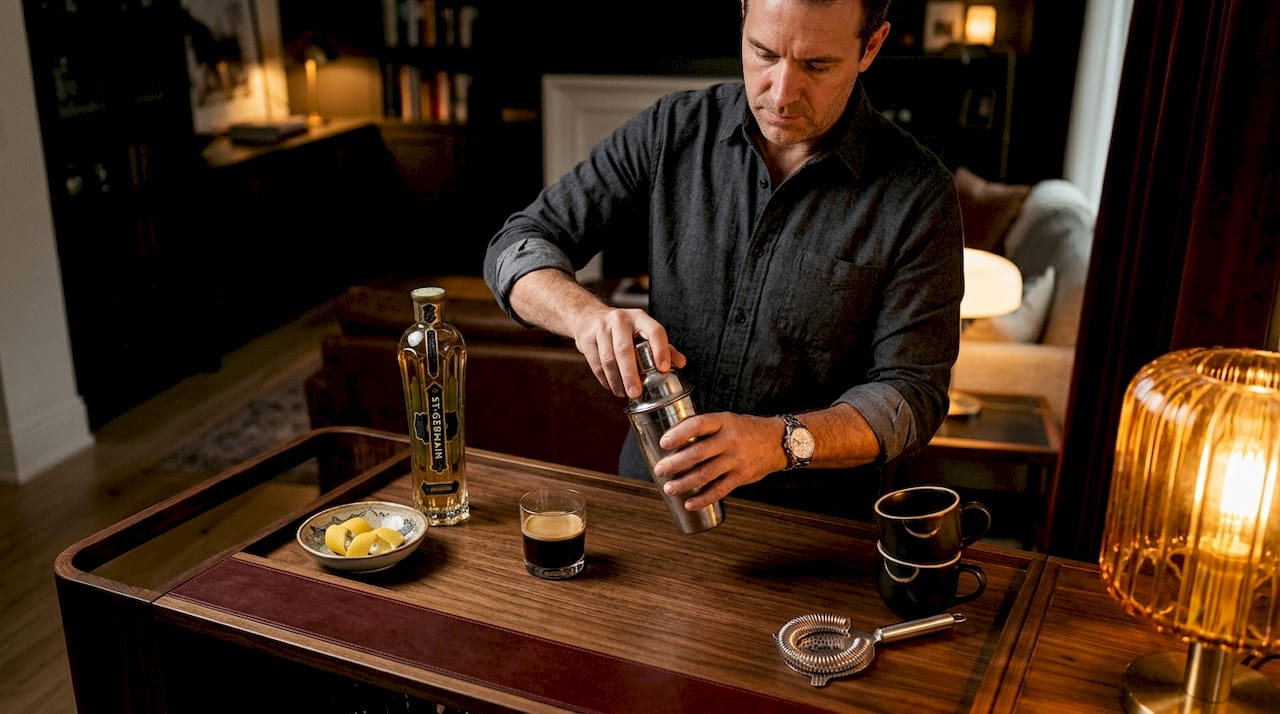 Man making espresso martini with St-Germain at home bar