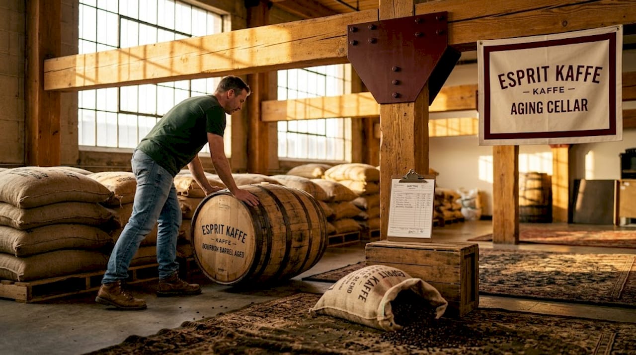 Barrel-aged coffee storage and handling scene