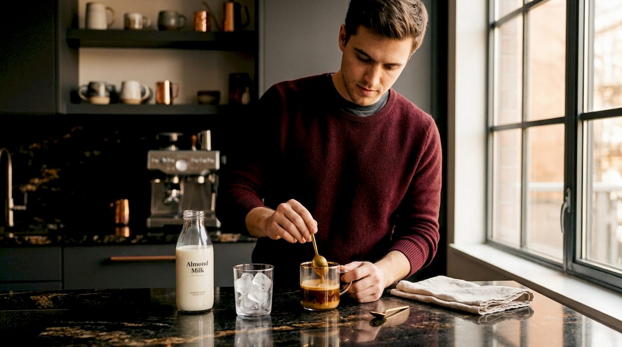 Man dissolving caramel powder for iced coffee