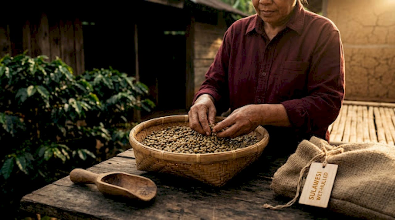 Hands sorting wet-hulled Sulawesi coffee beans