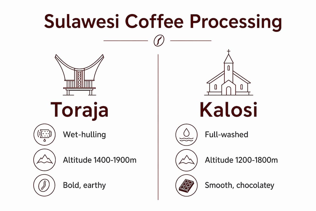 Infographic comparing Toraja and Kalosi coffee processing