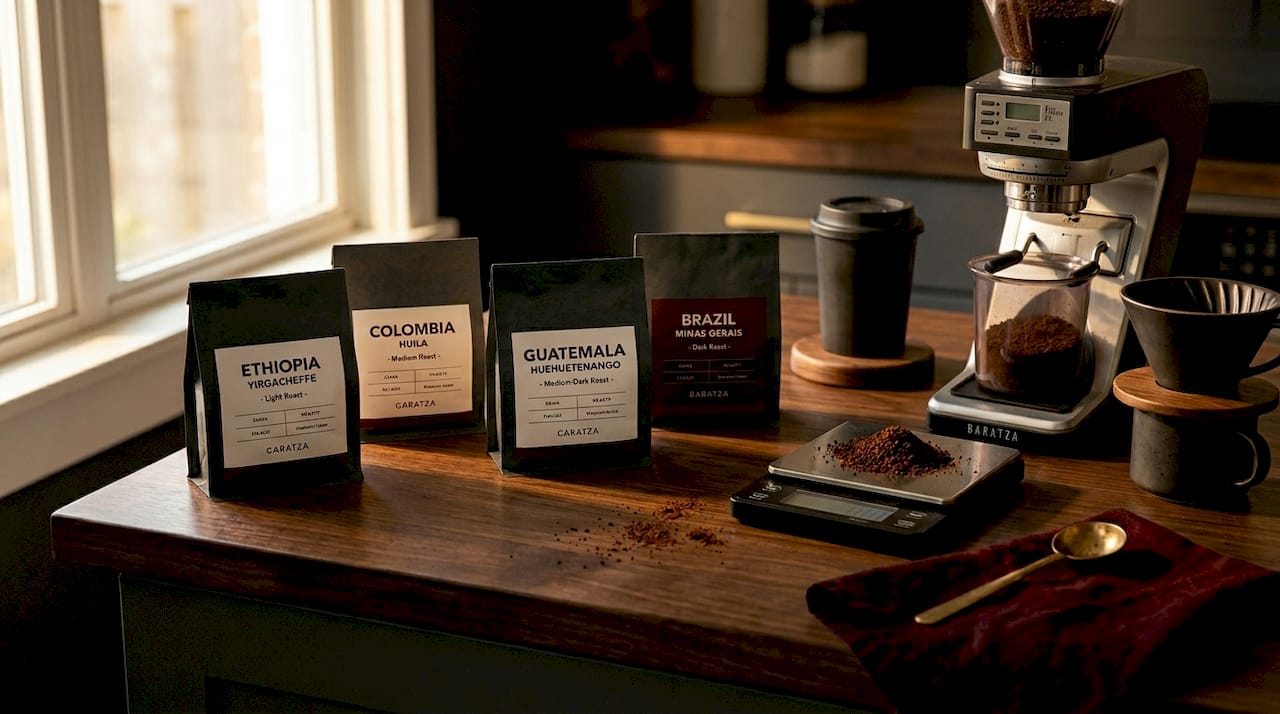 Coffee assortment pack and brewing tools on counter