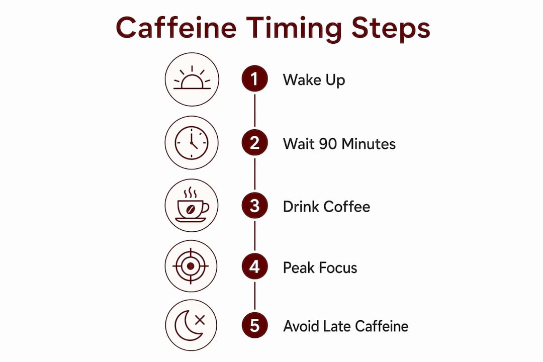Infographic showing caffeine timing steps for focus