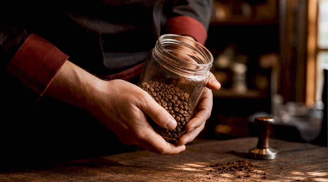 Barista inspecting fermented coffee beans