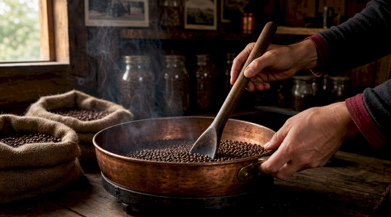 Hands roasting Typica coffee beans in rustic roaster