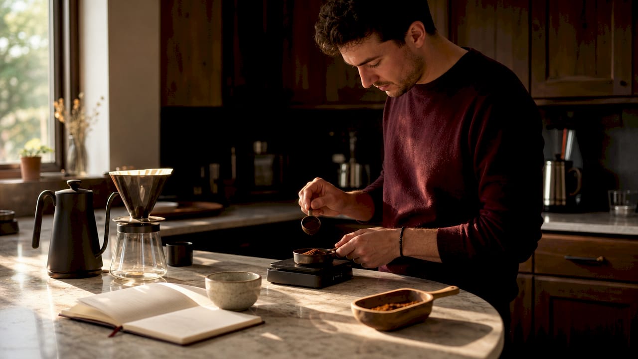 Hands measuring coffee quantities with journal nearby
