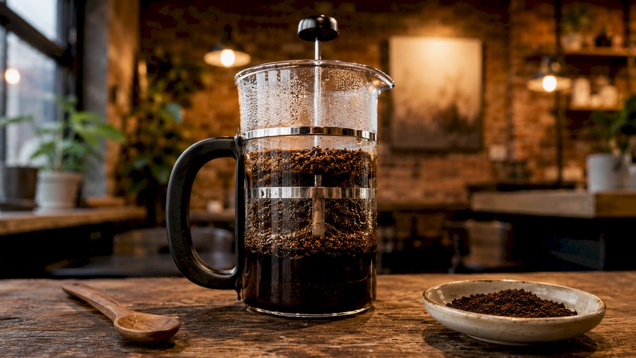 Close-up of French press metal mesh coffee filter