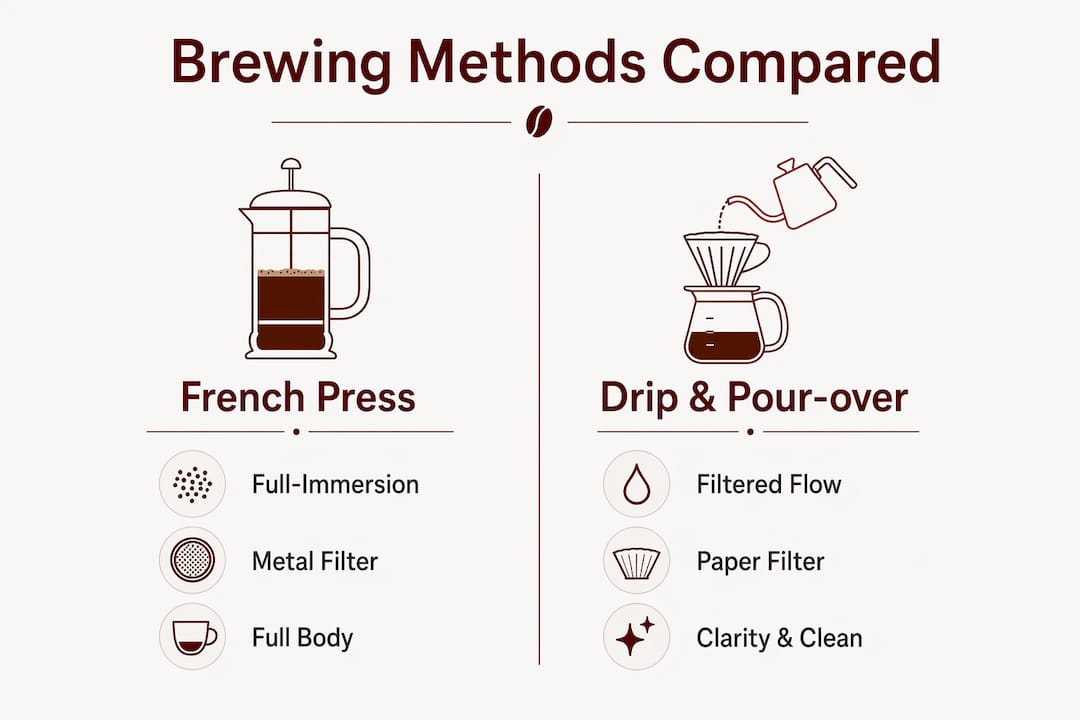 Infographic comparing French press and drip coffee methods